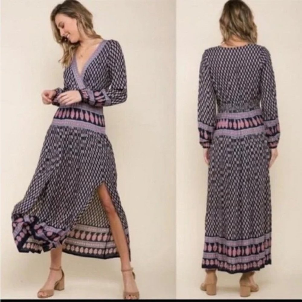 Raga Anthropologie Avah Geometric‎ Split Front Long Sleeve Boho Dress Small